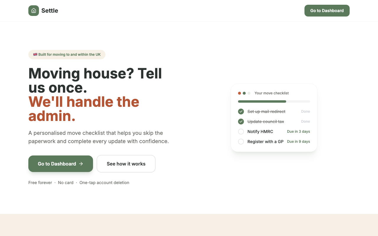 Screenshot of the GetSettle move checklist dashboard